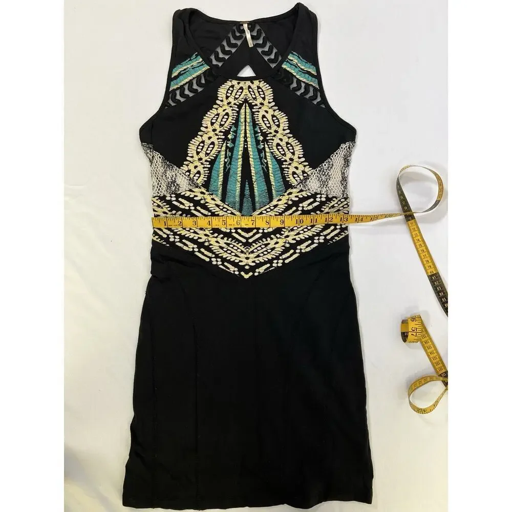 VTG Y2K Free People Short Fitted Stretch Cotton Dress Size S Black Boho‎ Aztec
